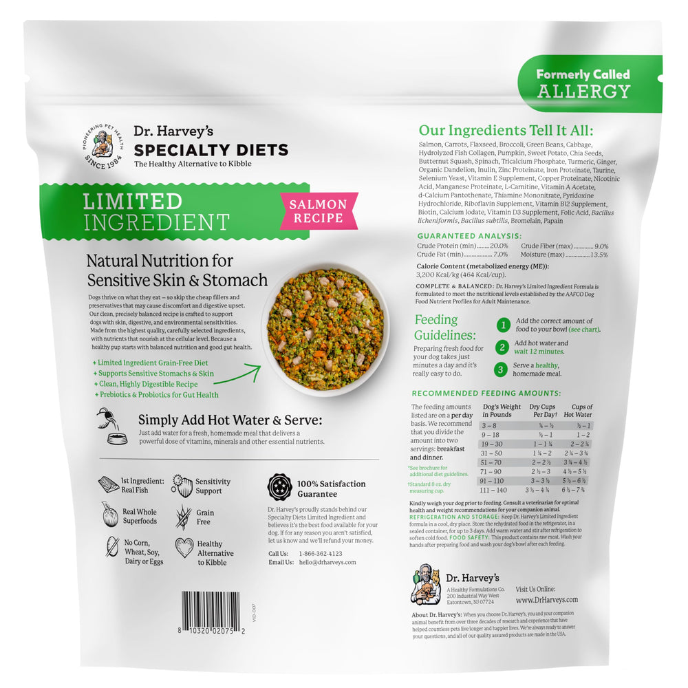 Dr. Harvey's nutrition facts label shows protein and caloric content for informed feeding