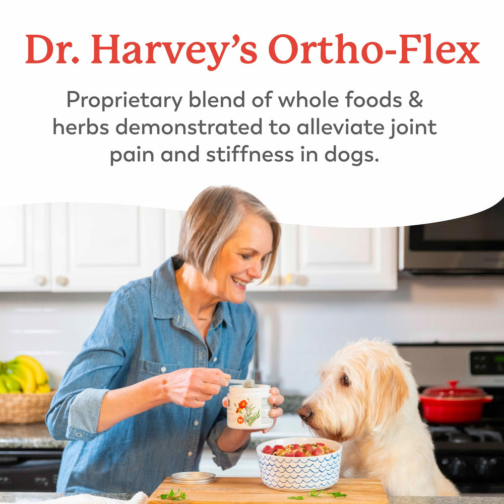 Dr. Harvey's Ortho-Flex scoop beside bottle for easy daily dosing