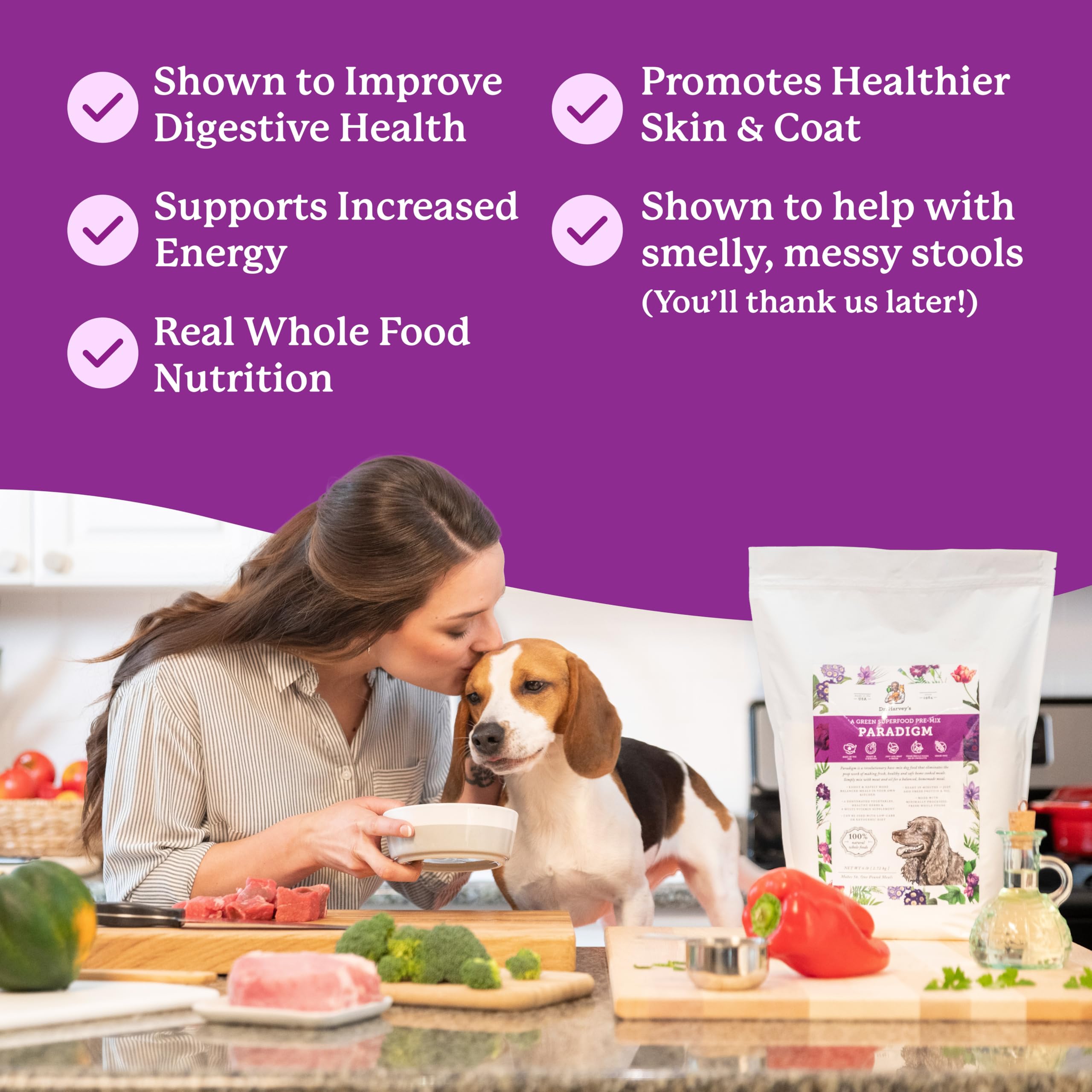 Dr. Harvey's Paradigm grain-free label notes no dyes or common allergens