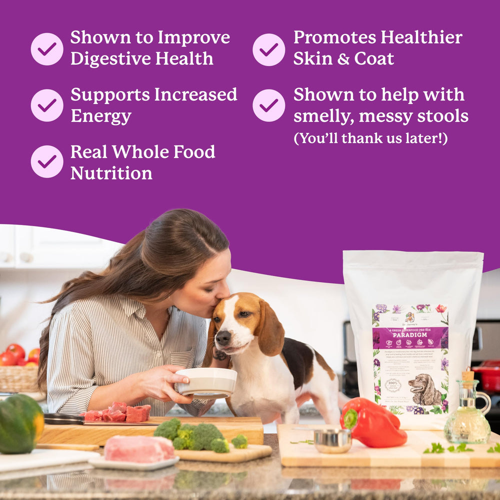 Dr. Harvey's Paradigm grain-free label notes no dyes or common allergens