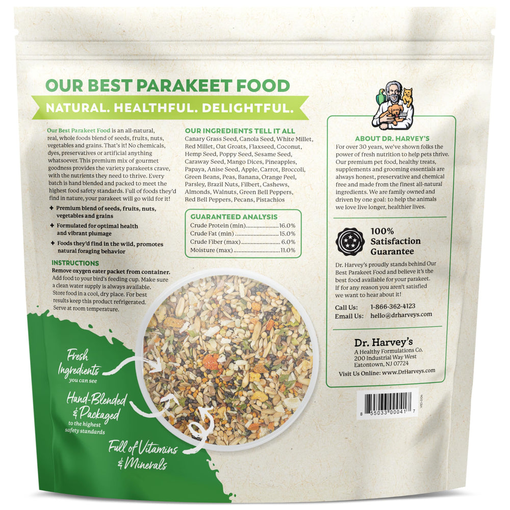 Dr. Harvey's parakeet food close-up of mix promotes balanced nutrition with oat groats.