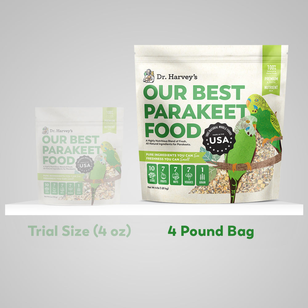 Dr. Harvey's parakeet ingredients close-up highlights seeds, nuts, and fruits for varied diet.