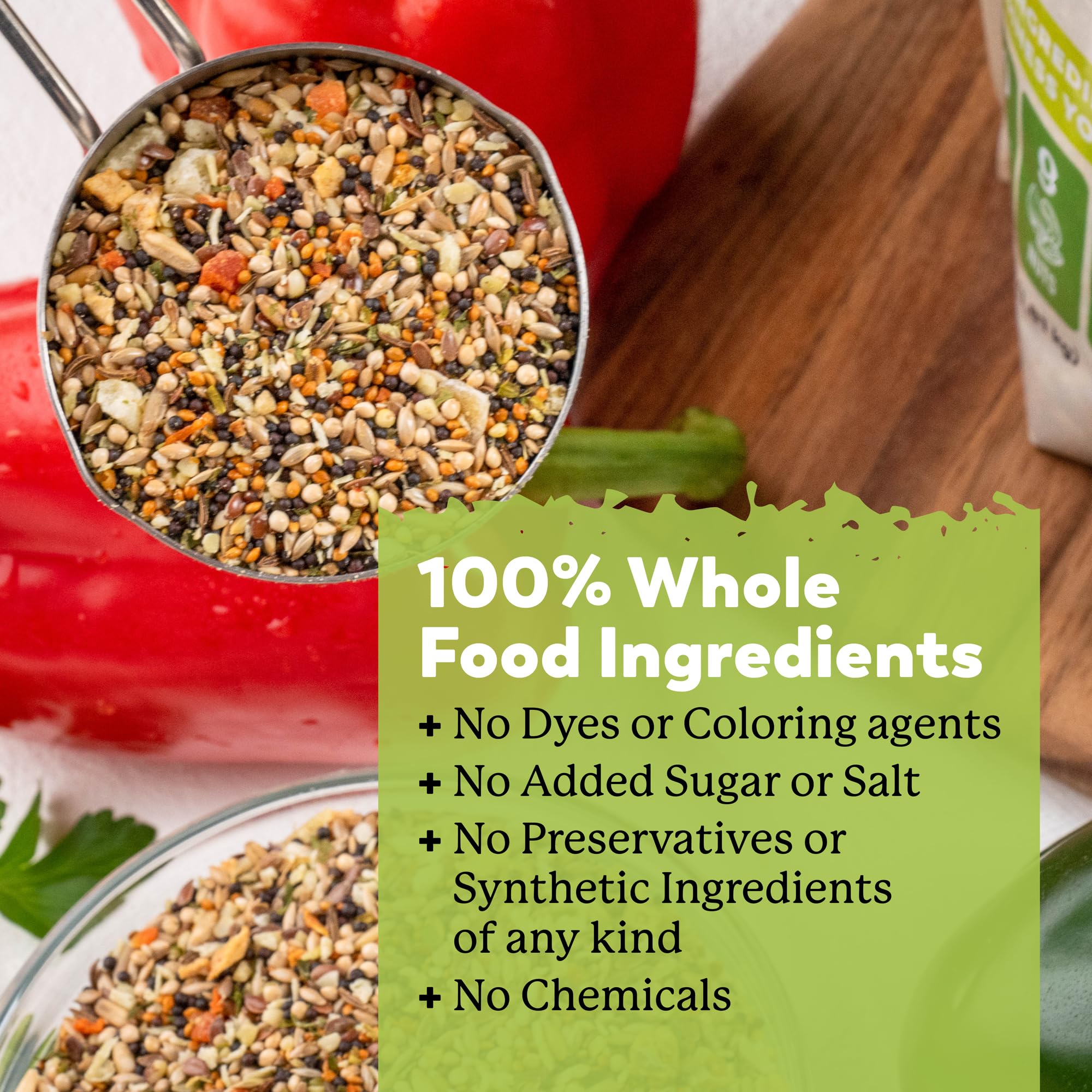 Dr. Harvey's parakeet food close-up reveals protein-rich blend supporting healthy activity.