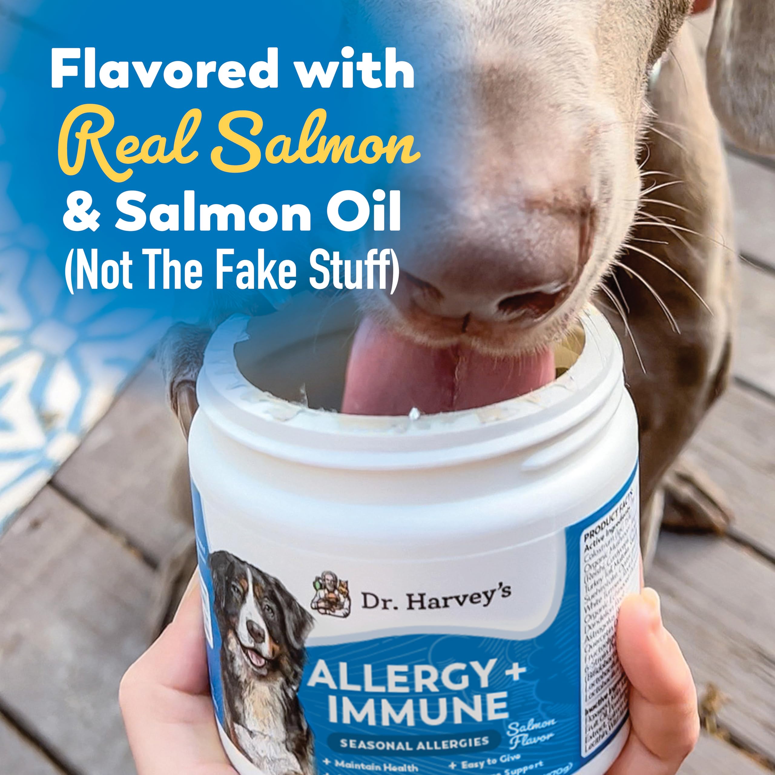 Dr. Harvey's probiotics and immune-support soft chews jar close-up suggests gut health support.