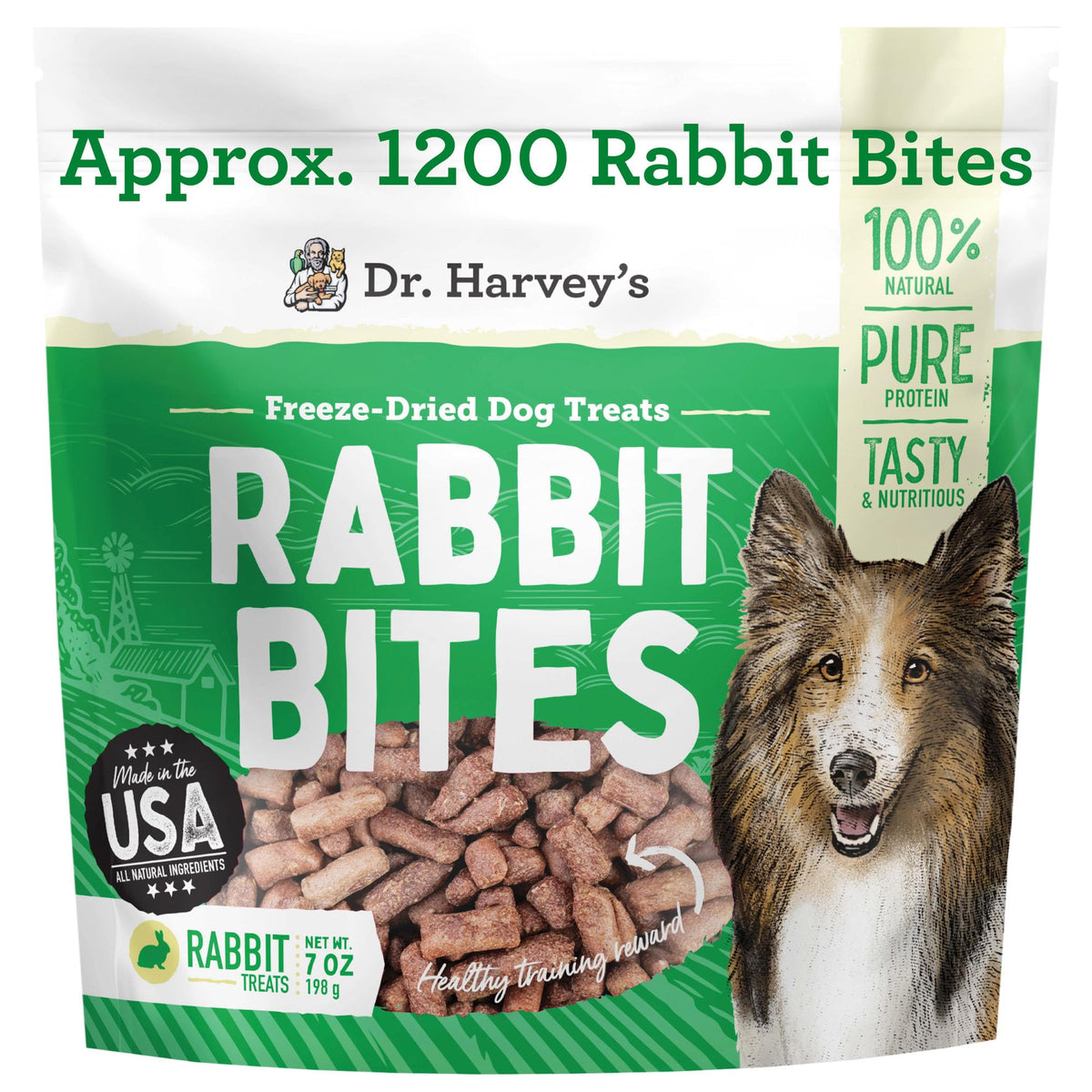 Dr. Harvey's Rabbit Bites pack-front showing single-ingredient rabbit meat rewards for training