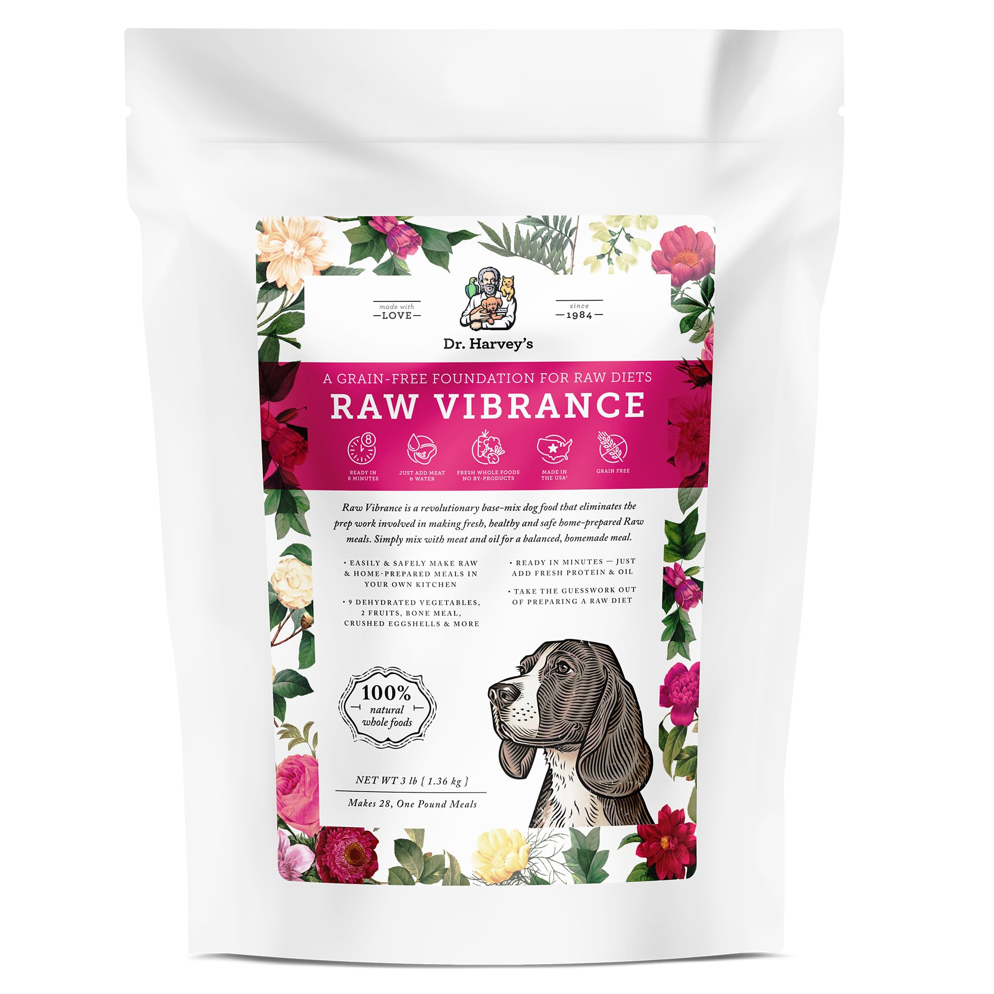 Dr. Harvey's Raw Vibrance base mix bag shows wholesome ingredients for a balanced raw diet.