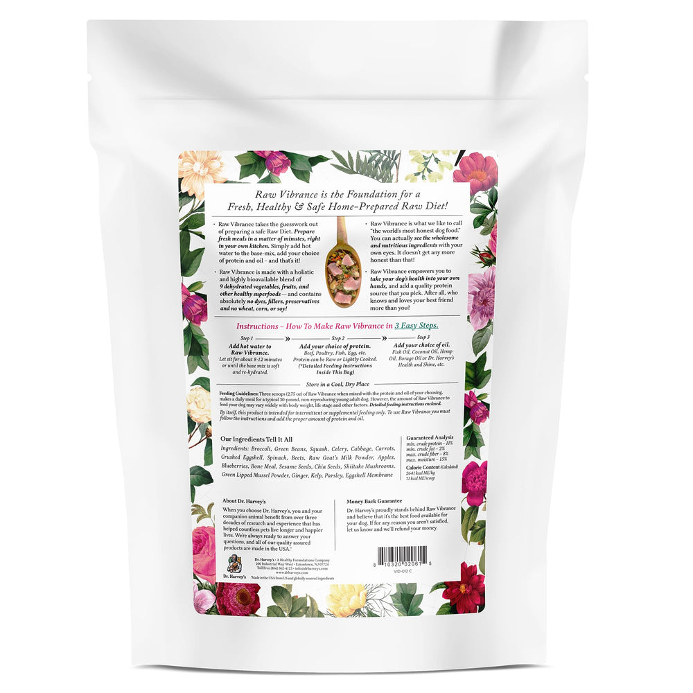 Dr. Harvey's Raw Vibrance bone meal and crushed eggshells enrich minerals for dogs.
