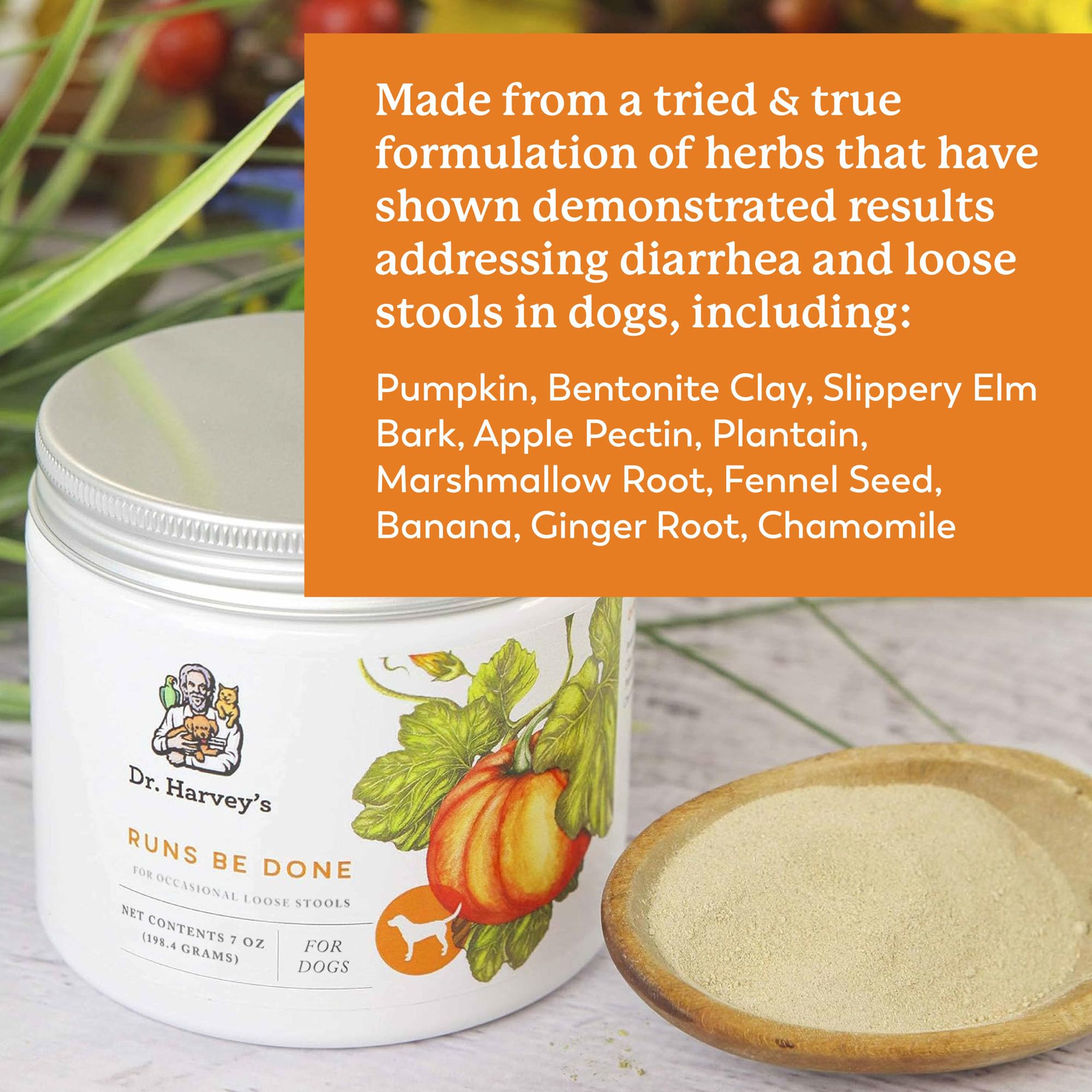 Dr. Harvey's Runs Be Done herbs blend with slippery elm and chamomile for digestion