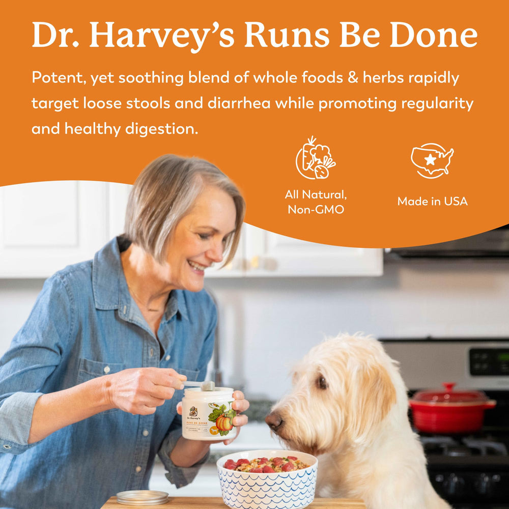 Dr. Harvey's Runs Be Done back label showing directions and benefits