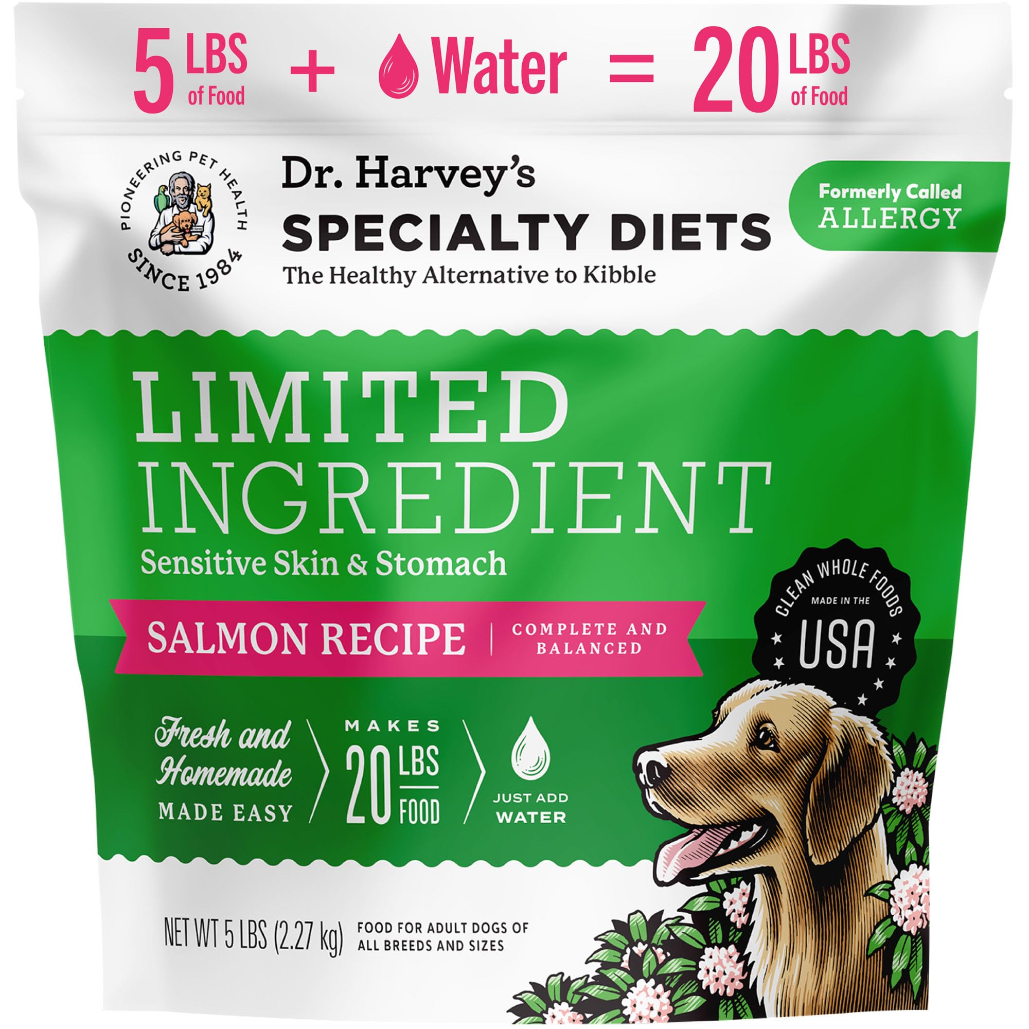 Dr. Harvey's salmon recipe bag 5lb shows a grain-free, human-grade option for sensitive dogs