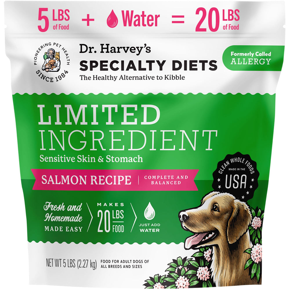 Dr. Harvey's salmon recipe bag 5lb shows a grain-free, human-grade option for sensitive dogs