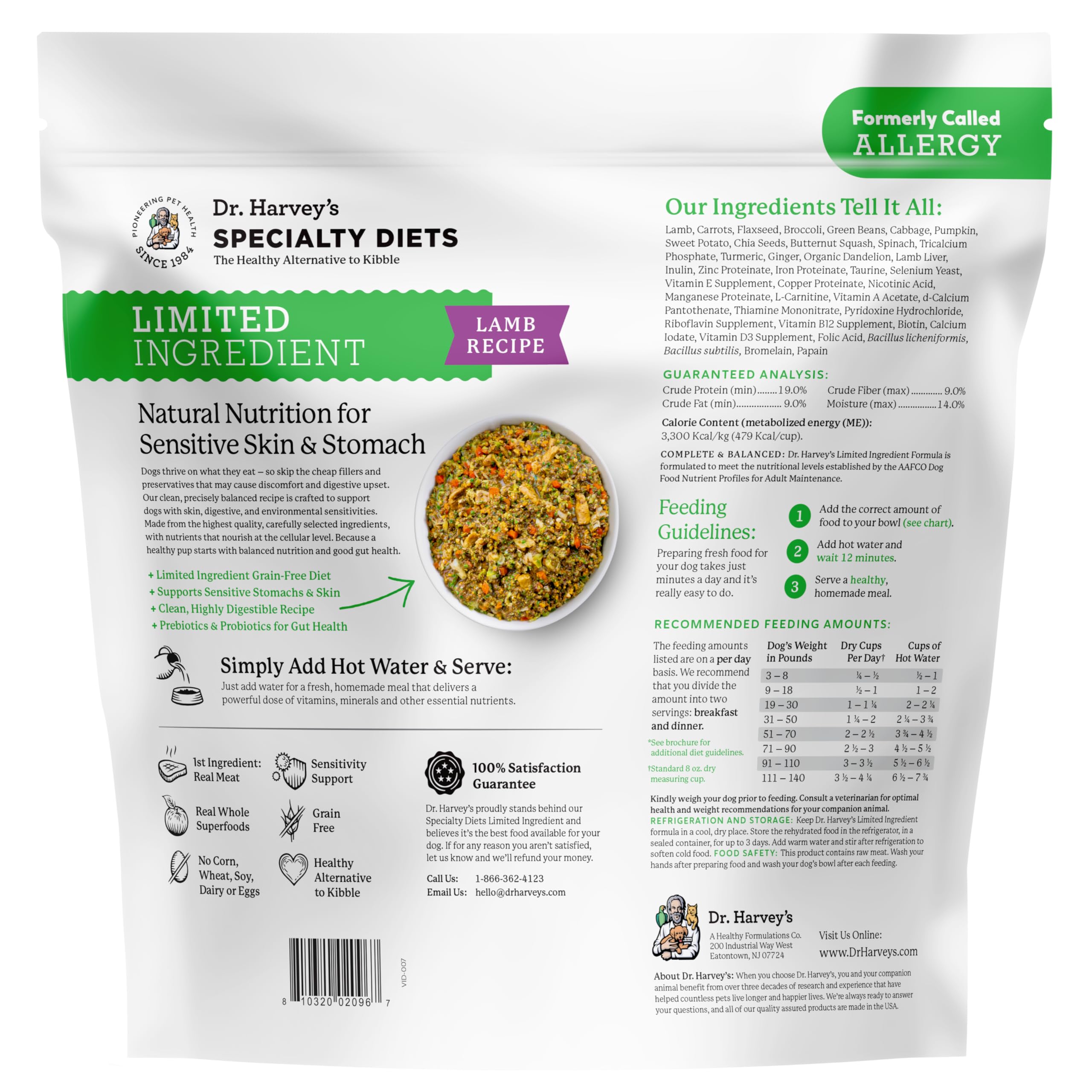 Dr. Harvey's serving-size image demonstrates how the mix expands when rehydrated.