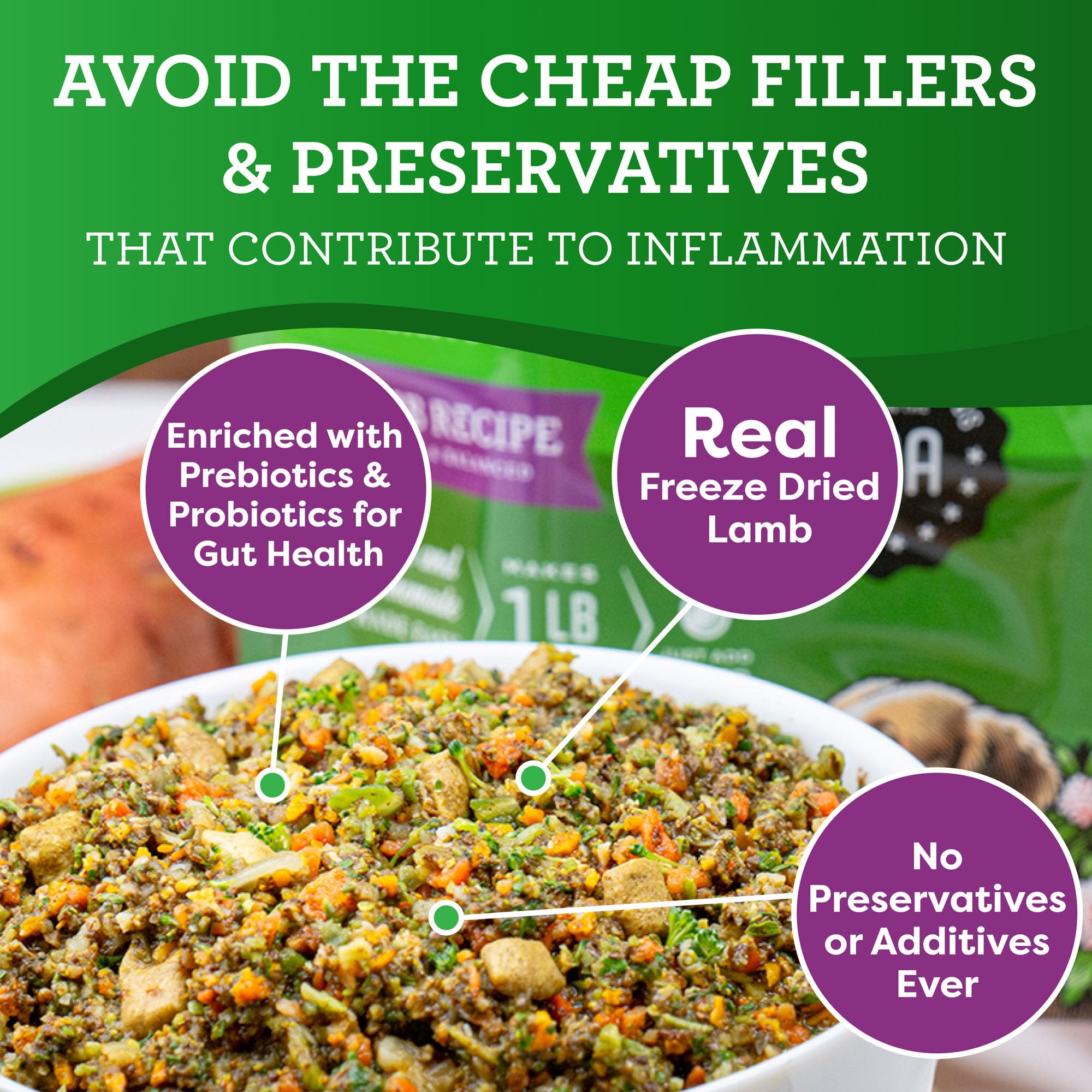 Dr. Harvey's freeze-dried lamb image highlights preserved nutrients with gentle processing