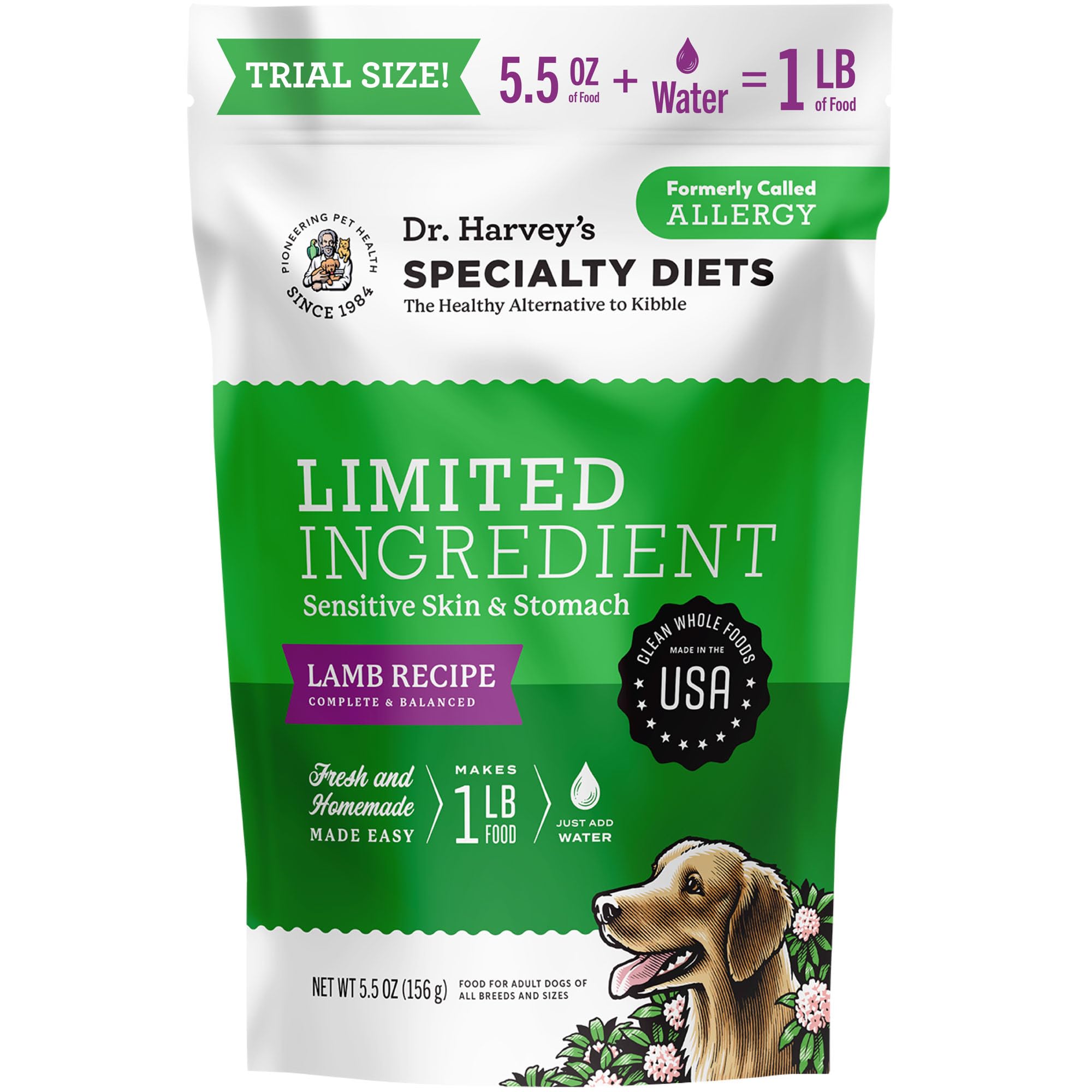 Dr. Harvey's Lamb Recipe ingredients image highlights wholesome single-protein nutrition for sensitive dogs
