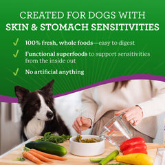 No grains image emphasizes grain-free formulation suitable for dogs with sensitivities