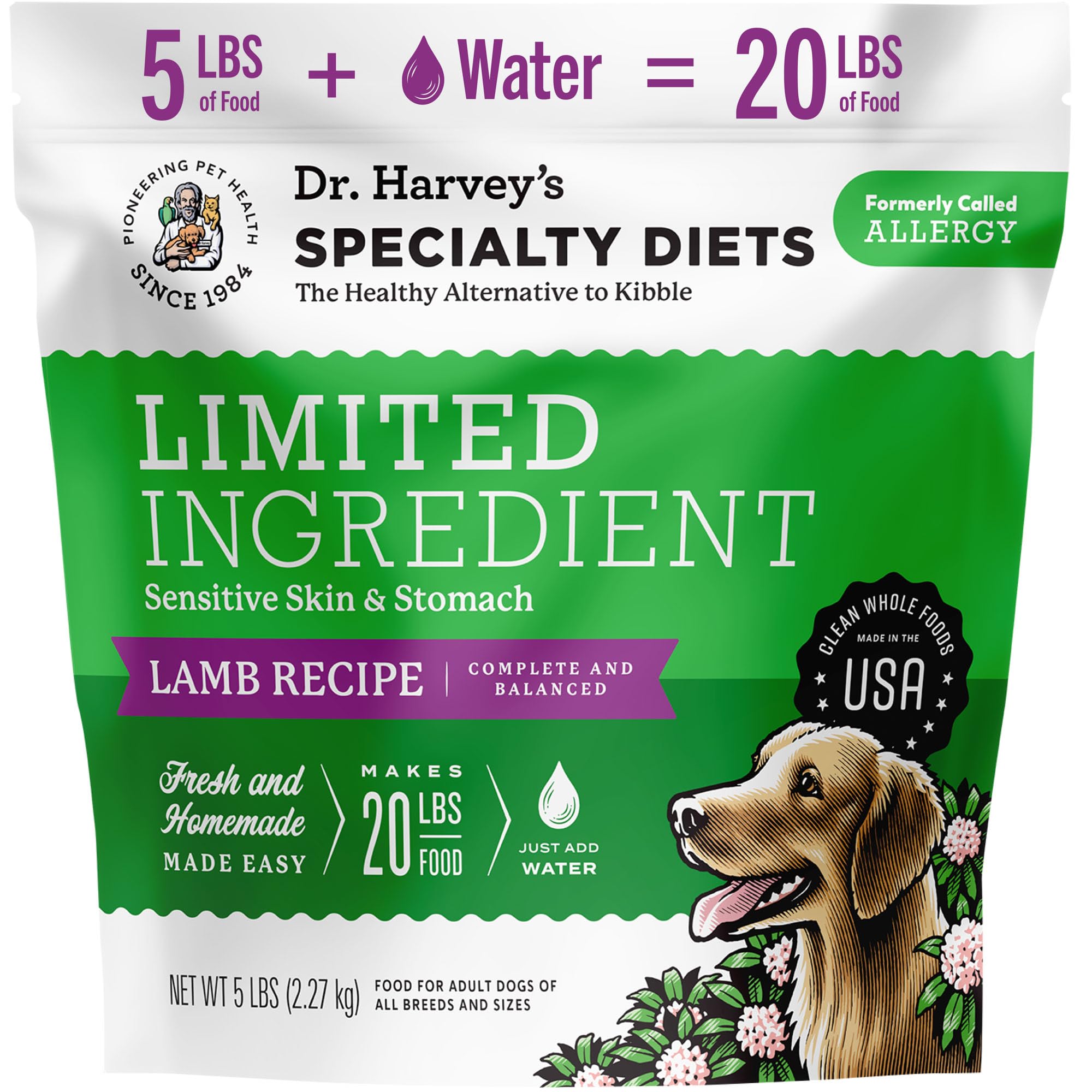 Dr. Harvey's Specialty Diet lamb recipe packaging highlights a simple, convenient option for sensitive dogs.
