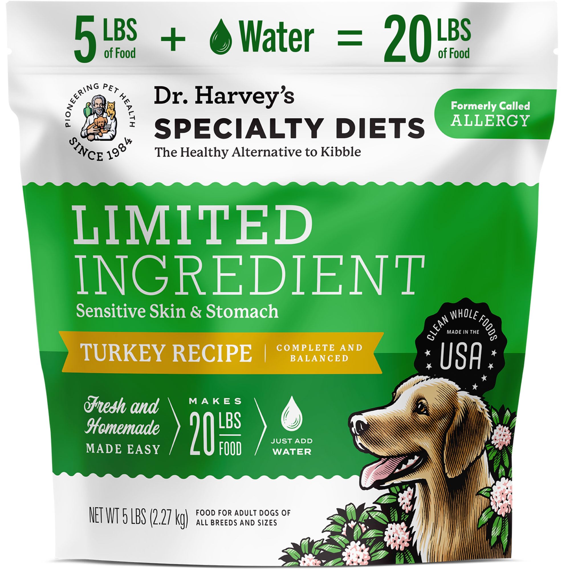 Dr. Harvey's Specialty Diet turkey recipe 5lb bag reveals premium ingredients for sensitive stomachs.