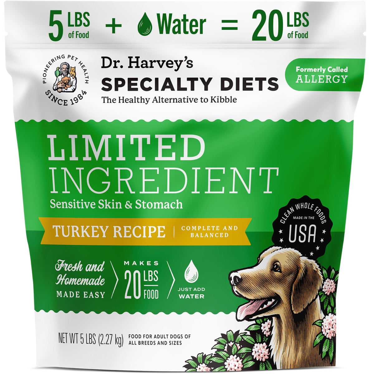 Dr. Harvey's Specialty Diet turkey recipe 5lb bag reveals premium ingredients for sensitive stomachs.