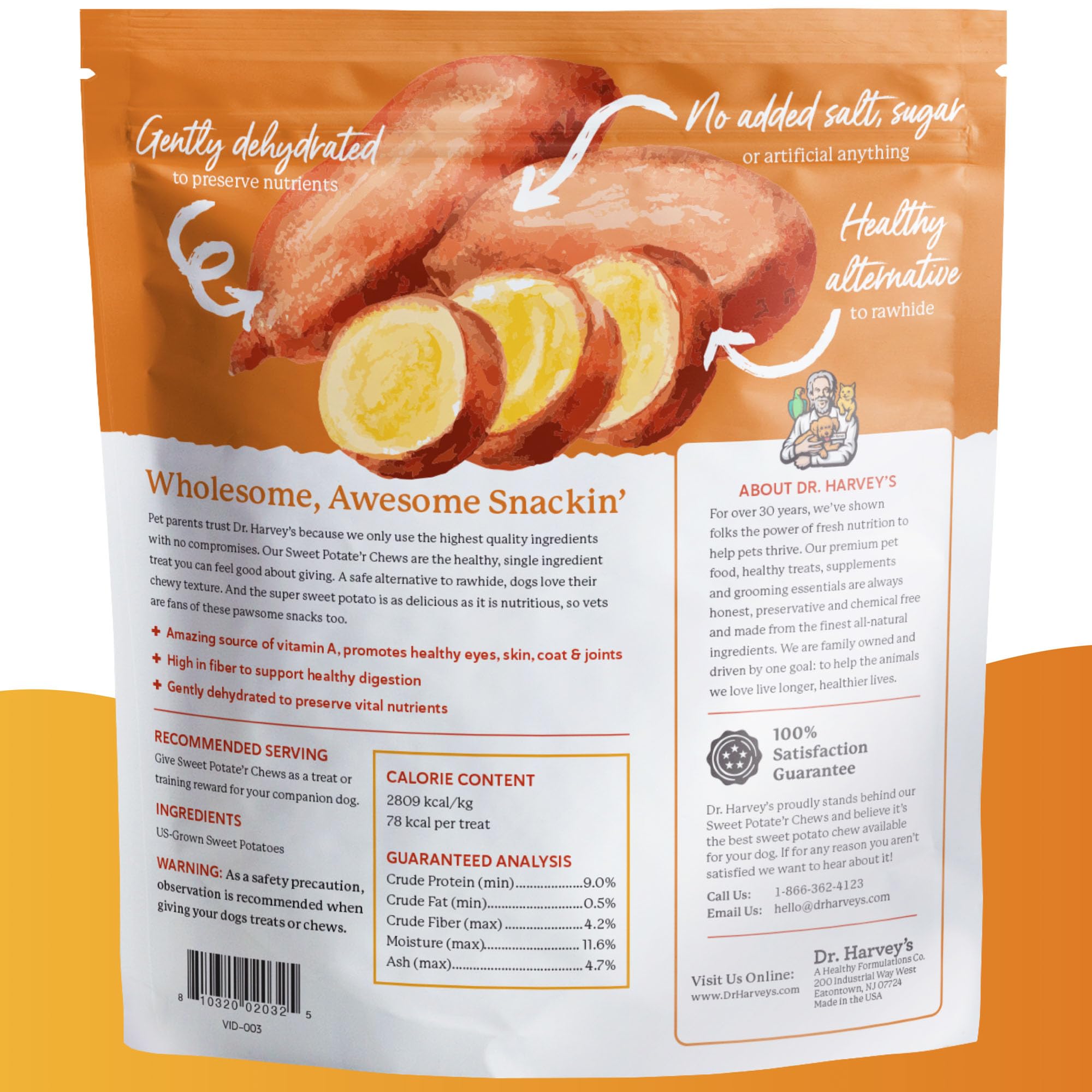 Dr. Harvey's Sweet Potato Chews bag open with label, highlighting natural, additive-free snack.