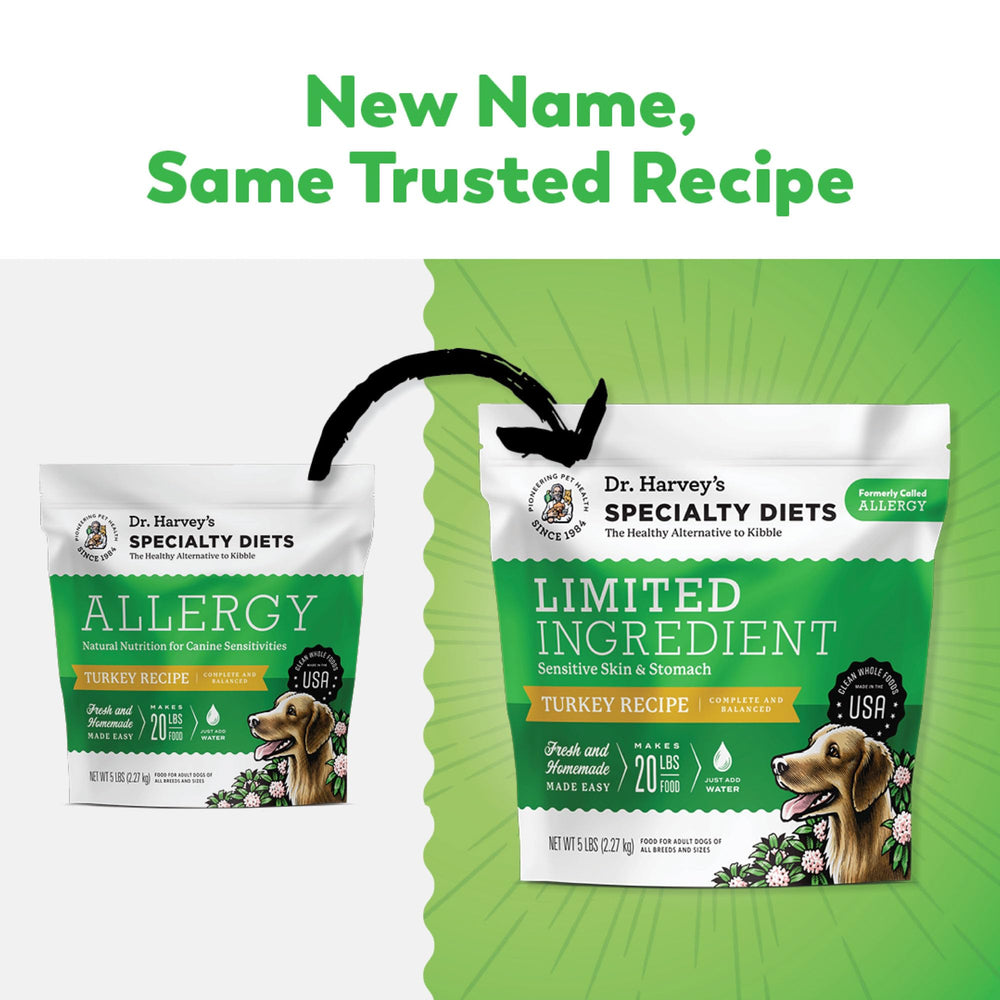 Dr. Harvey's turkey-first ingredient closeup highlights grain-free, whole-food nutrition for dogs.