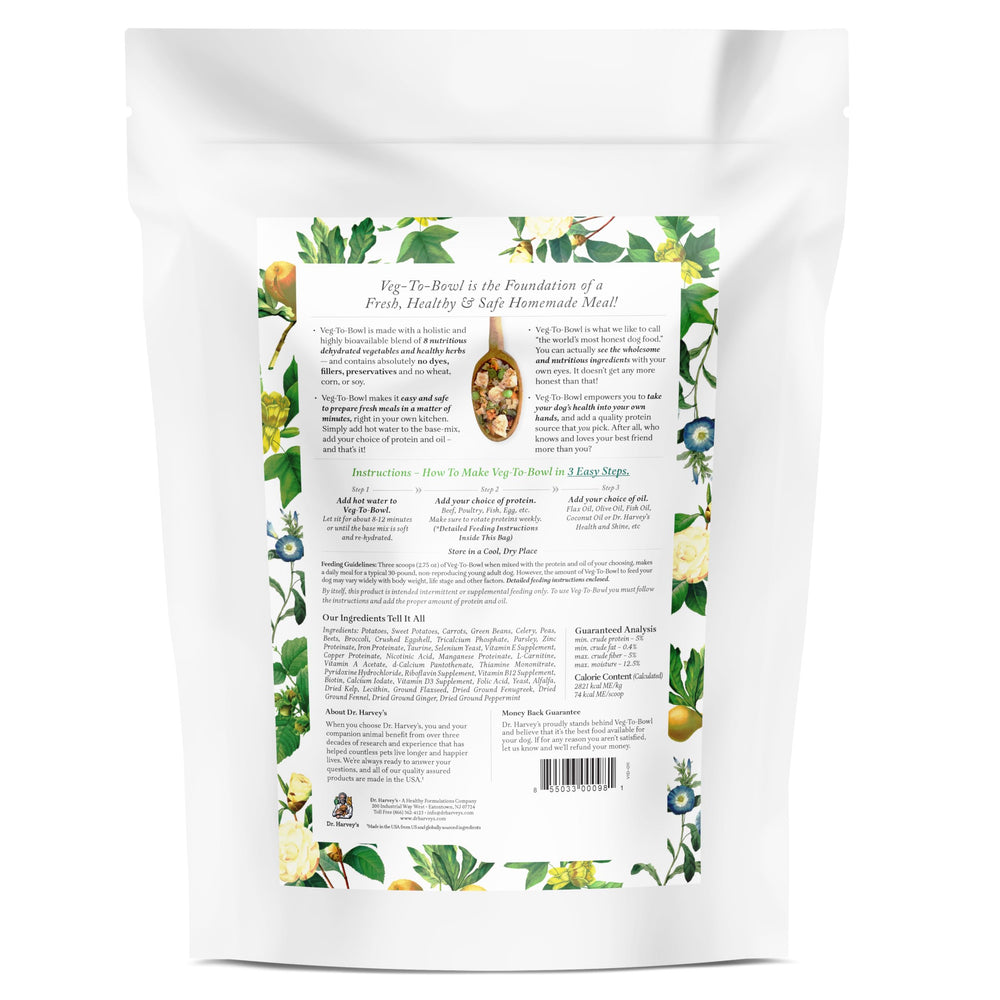 Dr. Harvey's Veg-to-Bowl 3lb bag image reinforces value with 28 meals per bag.