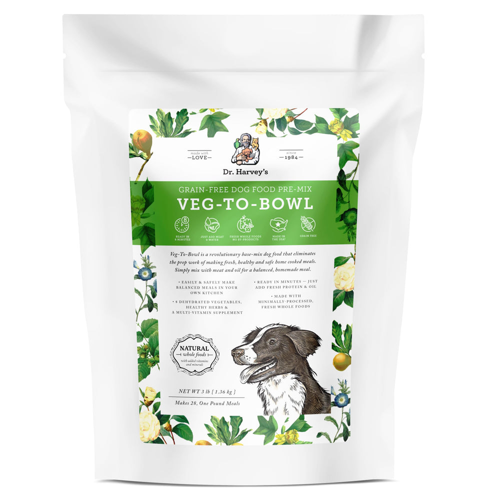 Dr. Harvey's Veg-to-Bowl base ingredients showcase 9 veggies and eggshell calcium for balanced meals.