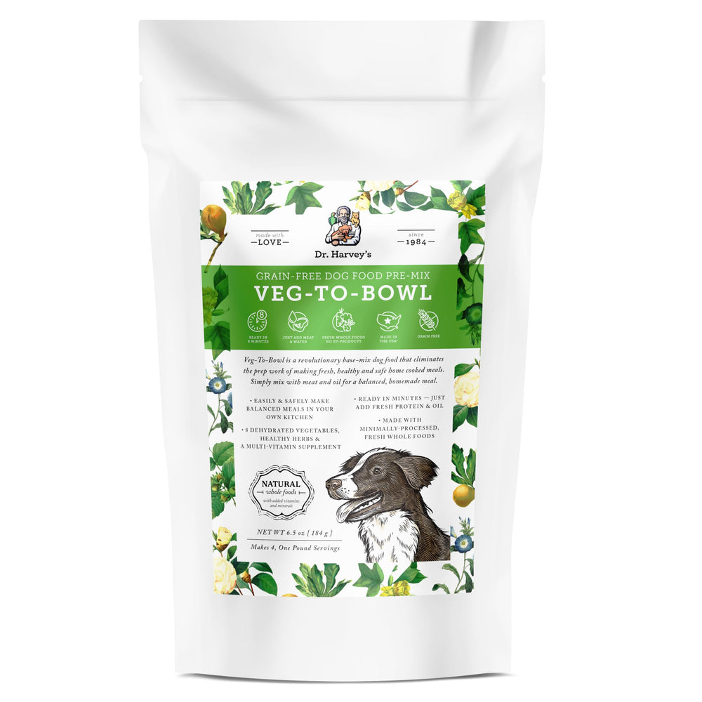 Dr. Harvey's Veg-to-Bowl base mix bag showing grain-free foundation for homemade dog meals.