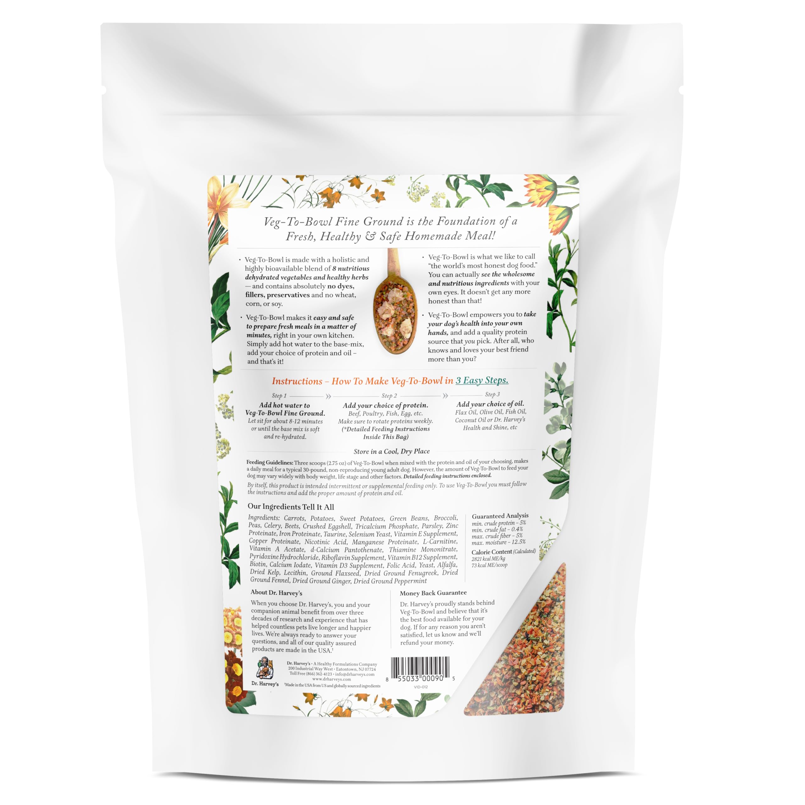 Dr. Harvey's Veg-To-Bowl Fine Ground bag label shows 66 meals for planning.