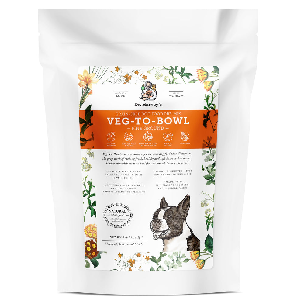Dr. Harvey's Veg-To-Bowl Fine Ground bag closeup – grain-free base for easy homemade dog meals.