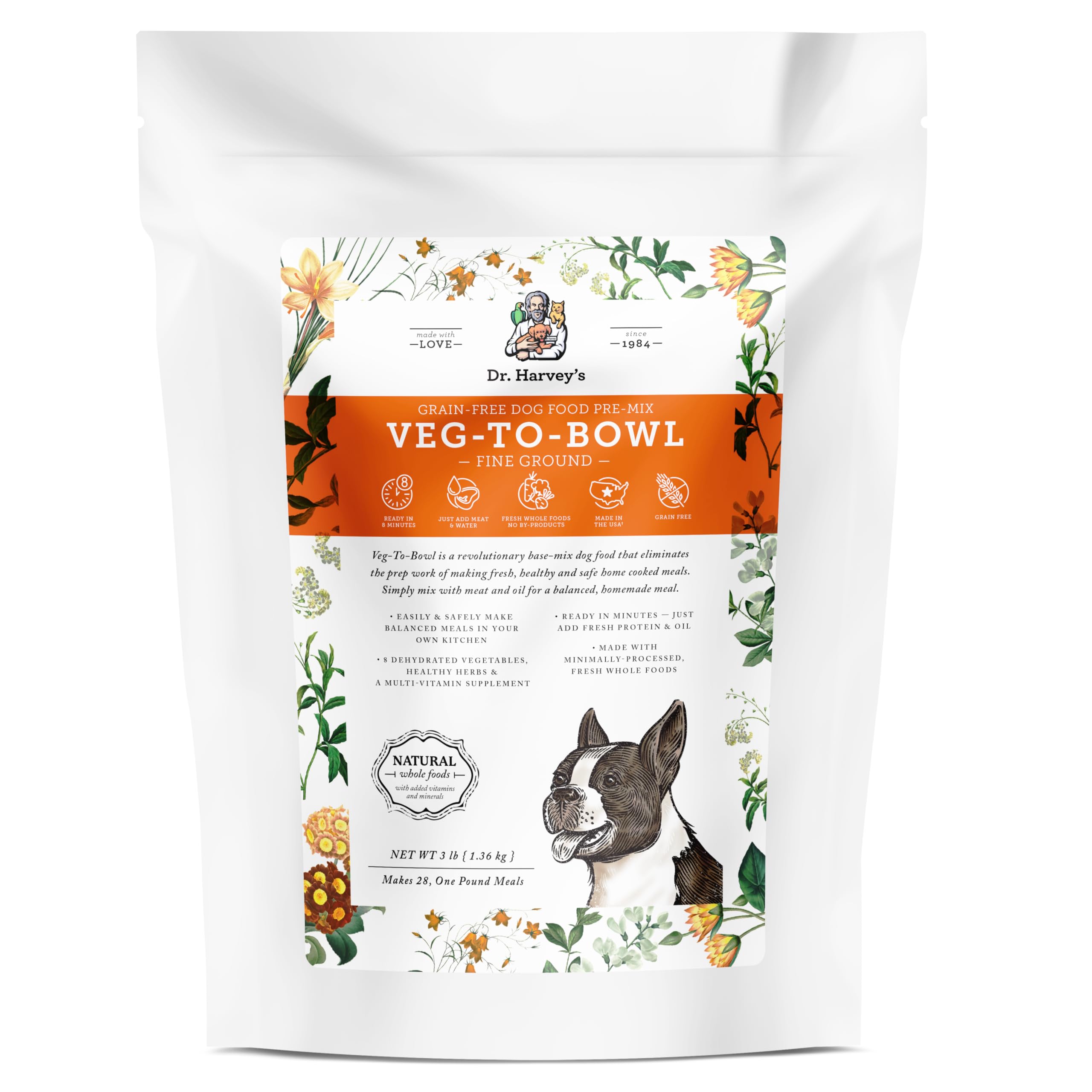 Dr. Harvey's Veg-to-Bowl Fine Ground Base Mix bag shows grain-free base for dogs