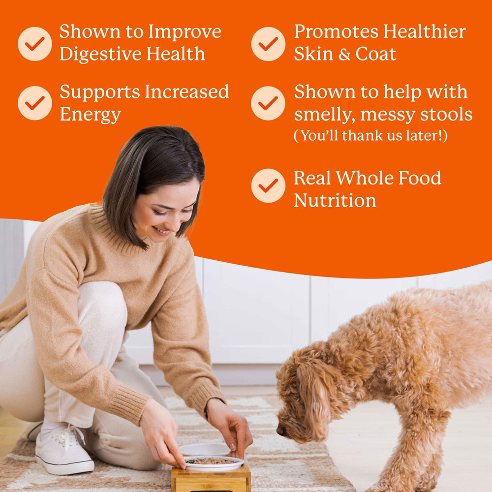 Brand label highlighting grain-free and human-grade quality on Veg-to-Bowl base mix