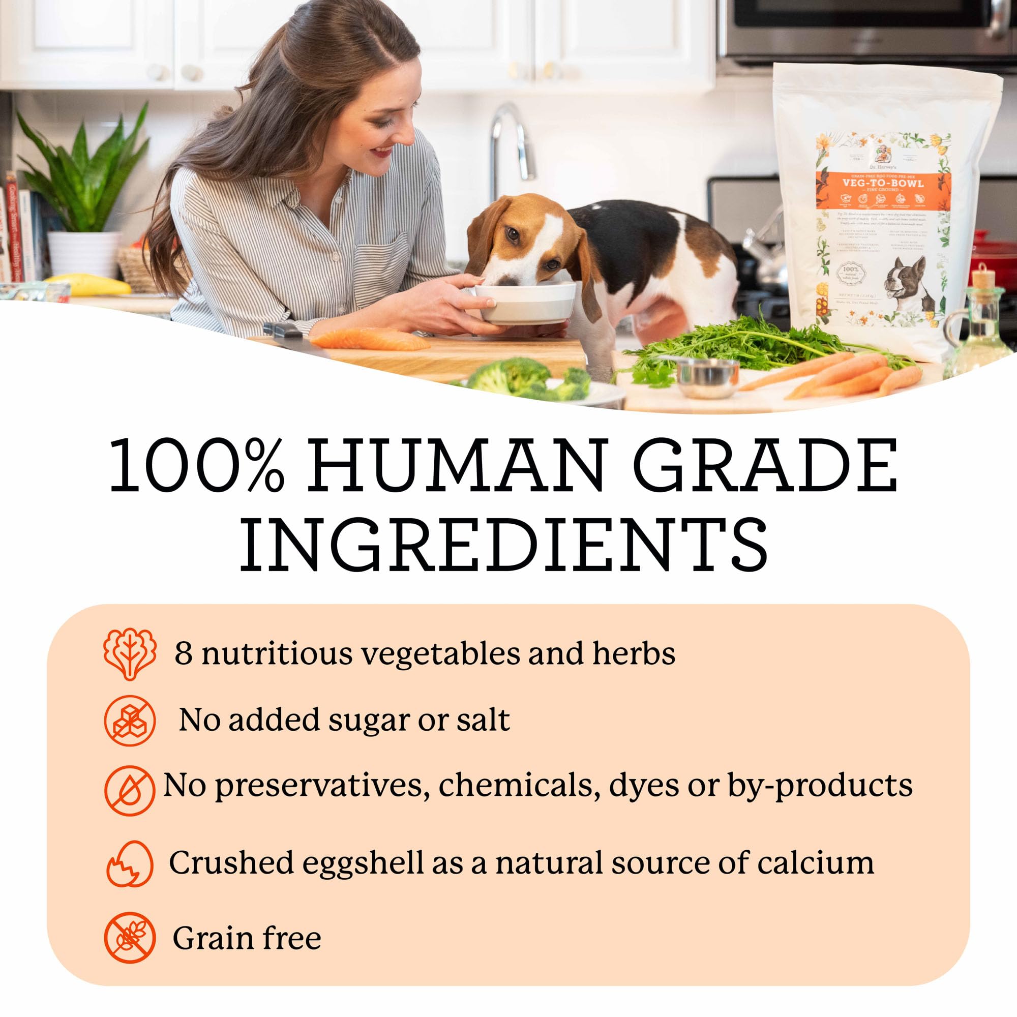 Close-up of Dr. Harvey's Veg-to-Bowl base mix ingredients with vegetables and eggshell