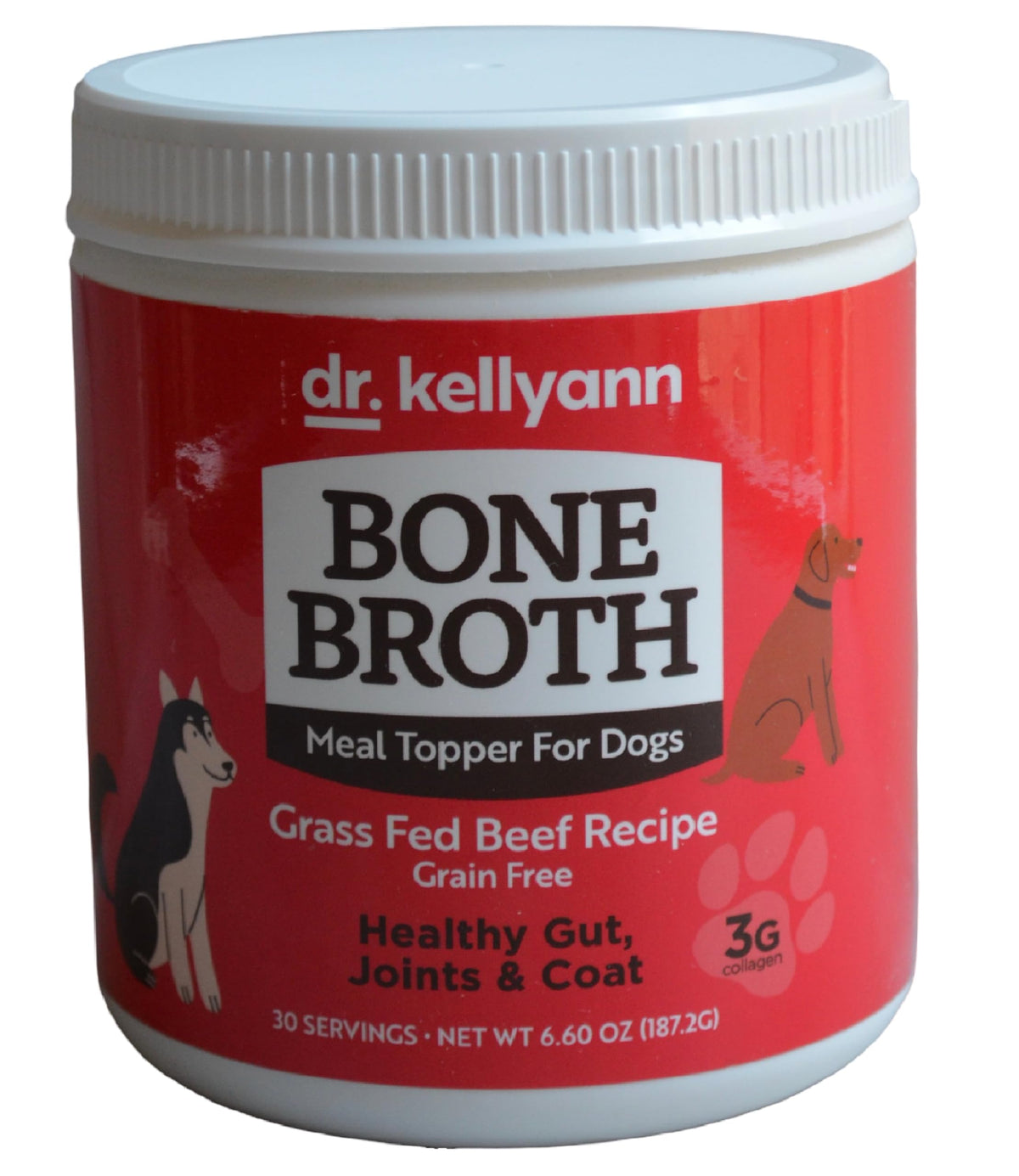 Dr. Kellyann Bone Broth Meal Topper for Dogs poured over kibble to aid digestion.