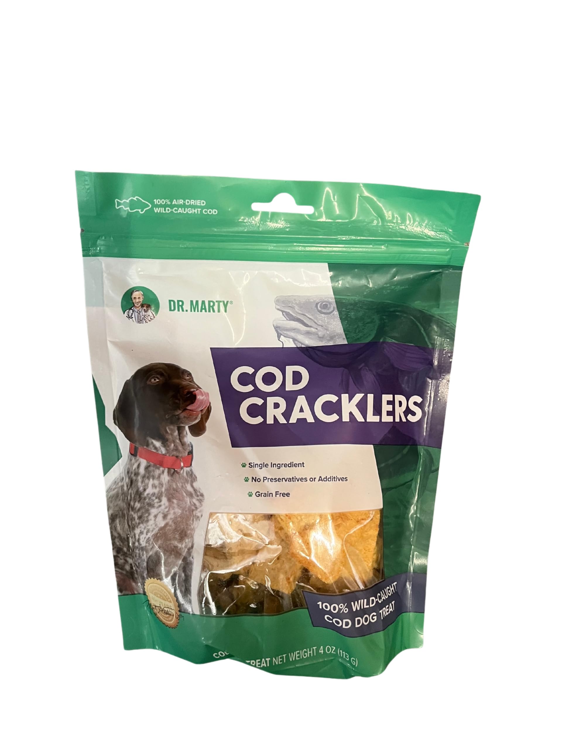 Dr. Marty Cod Cracklers freeze-dried dog treats — crunchy cod bites for active dogs.