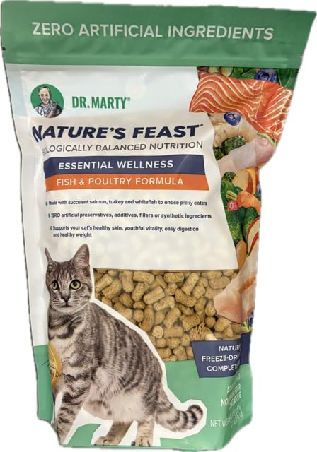 Dr. Marty Essential Wellness dry cat food packaging front showcases fish and poultry for balanced meals.