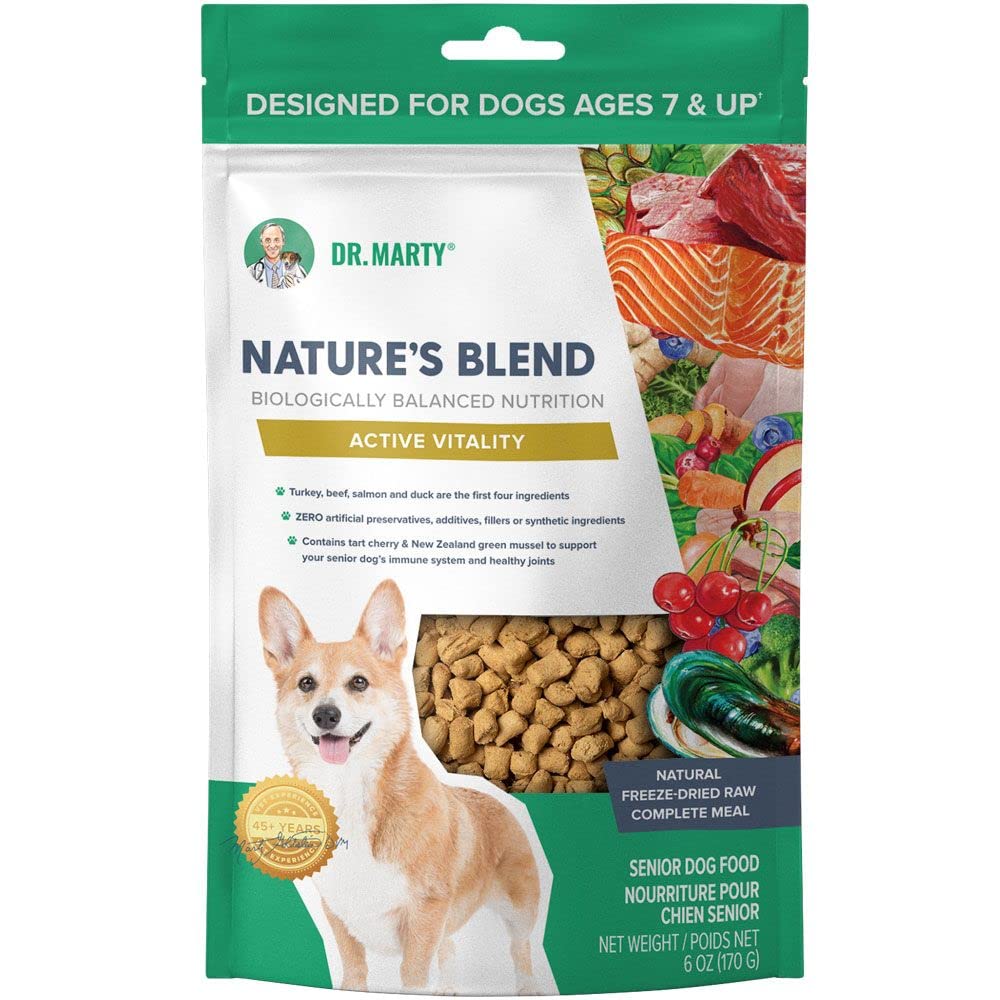 Dr. Marty Nature's Blend Active Vitality dog food image highlighting freeze-dried formula supporting immunity and joint mobility.