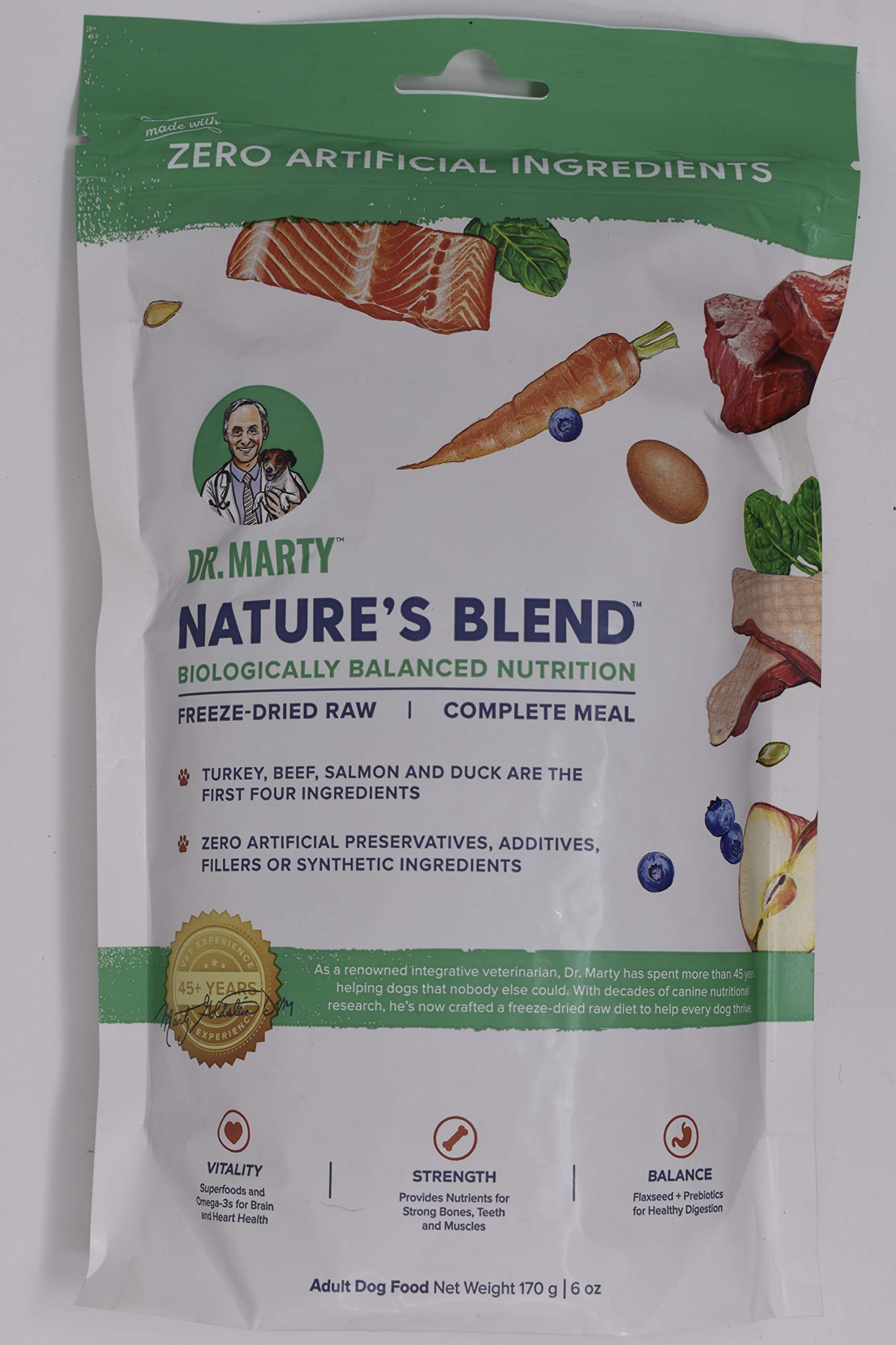 Dr. Marty Nature's Blend packaging shows fresh freeze-dried ingredients for balanced dog nutrition.