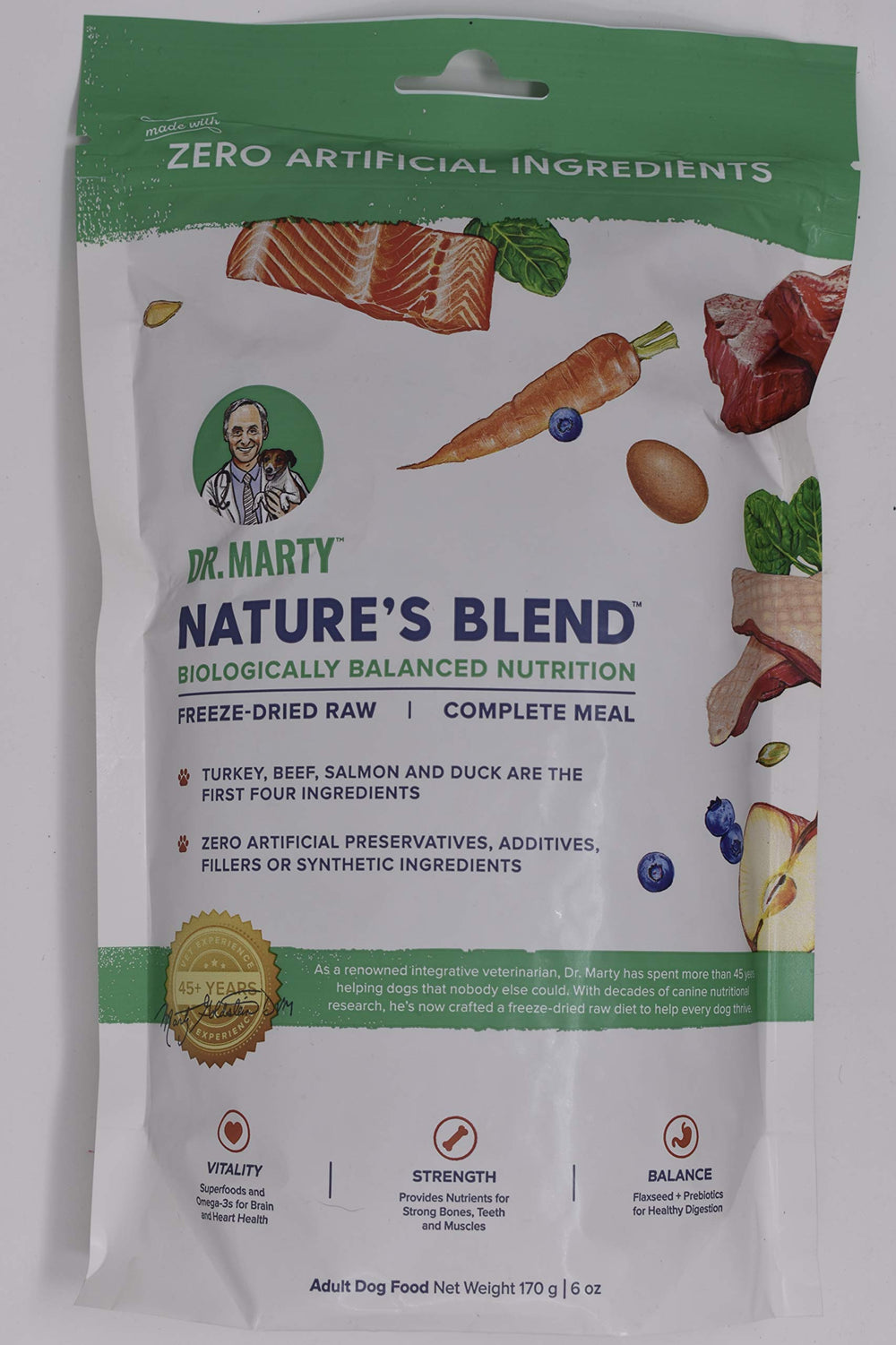 Dr. Marty Nature's Blend packaging shows fresh freeze-dried ingredients for balanced dog nutrition.