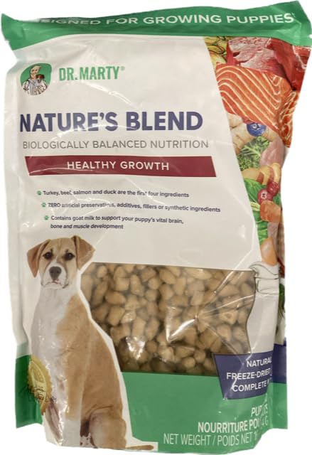 Dr. Marty Nature's Blend Healthy Growth puppy food bag highlighting premium proteins for growing puppies and balanced energy.