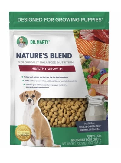 Dr. Marty Nature's Blend for Puppies freeze-dried raw dog food pack shot supports immunity and energy.