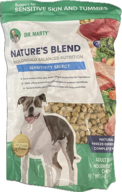 Dr. Marty Nature's Blend Sensitivity Select freeze-dried dog food in a bowl supports sensitive stomachs.