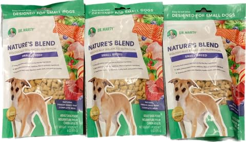 Dr. Marty Nature's Blend small breed freeze-dried raw dog food packaging with three 6 oz pouches, travel-friendly