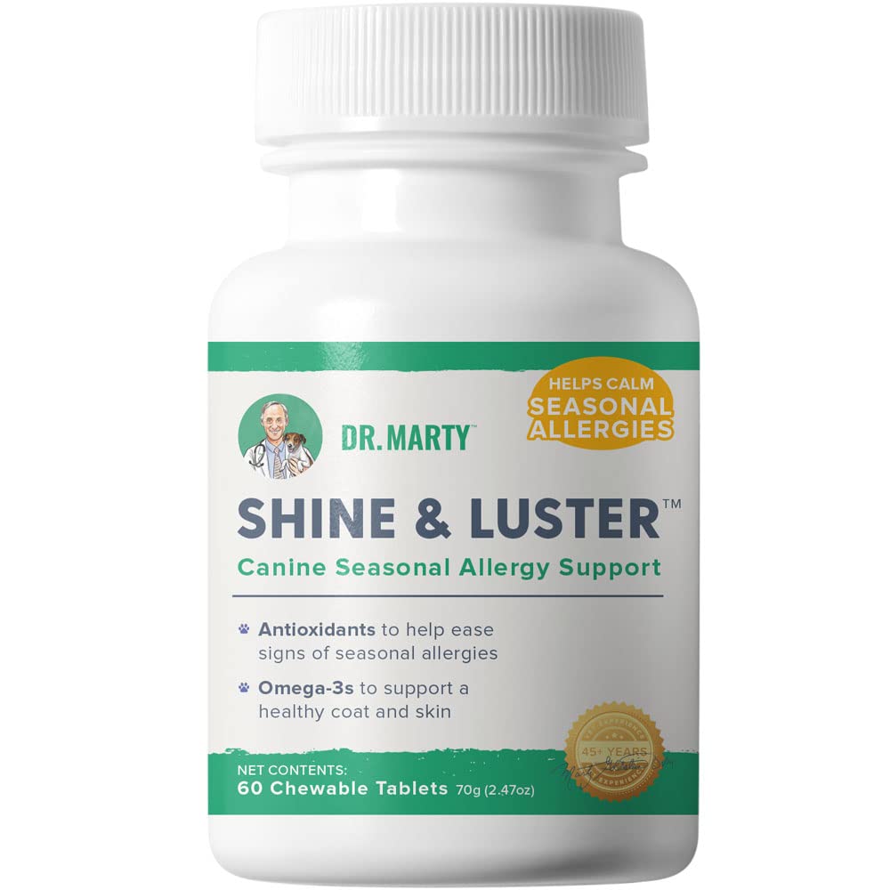 Dr. Marty Shine & Luster dog chews bottle supporting seasonal comfort for dogs