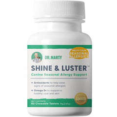 Dr. Marty Shine & Luster dog chews bottle supporting seasonal comfort for dogs