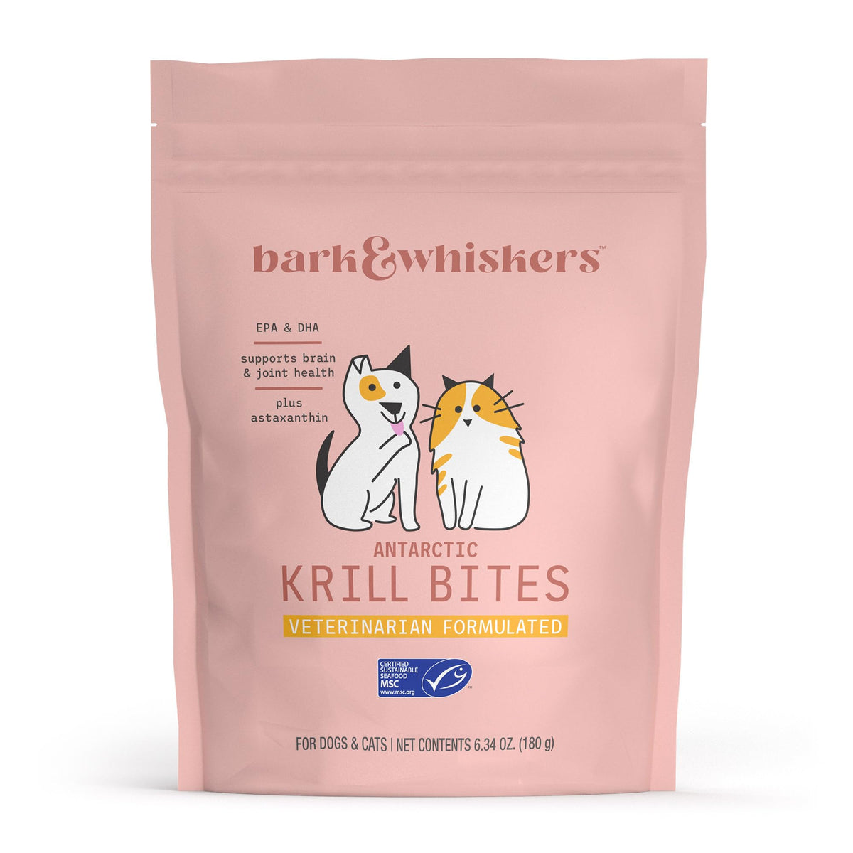 Dr. Mercola Bark & Whiskers Antarctic Krill Bites packaging signals vet-formulated wellness.