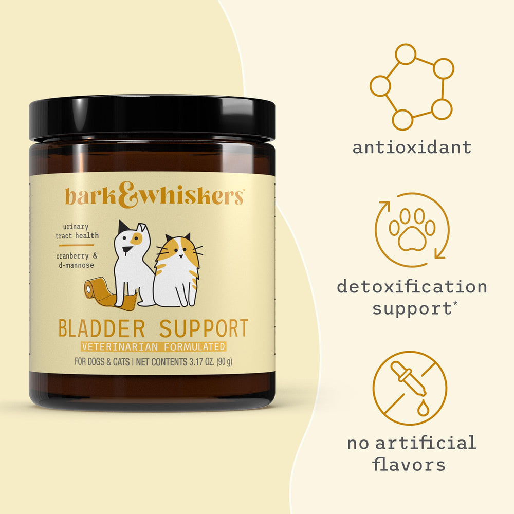 Dr. Mercola Bark & Whiskers with dog bowl for convenient daily administration