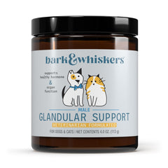 Dr. Mercola Bark & Whiskers bottle label shows hormone-free glandular blend for pet endocrine support.