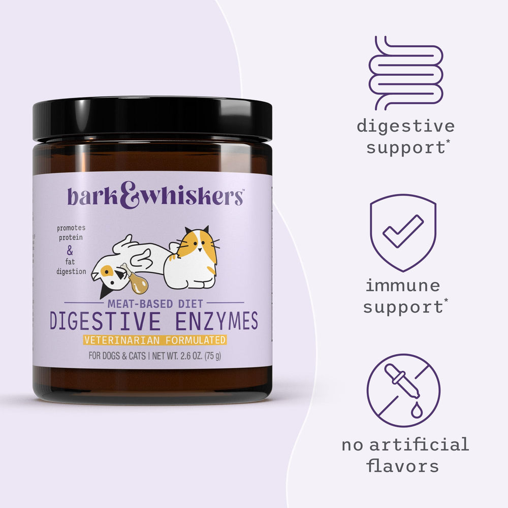 Dr. Mercola Bark & Whiskers bottle beside a dog and cat meal.
