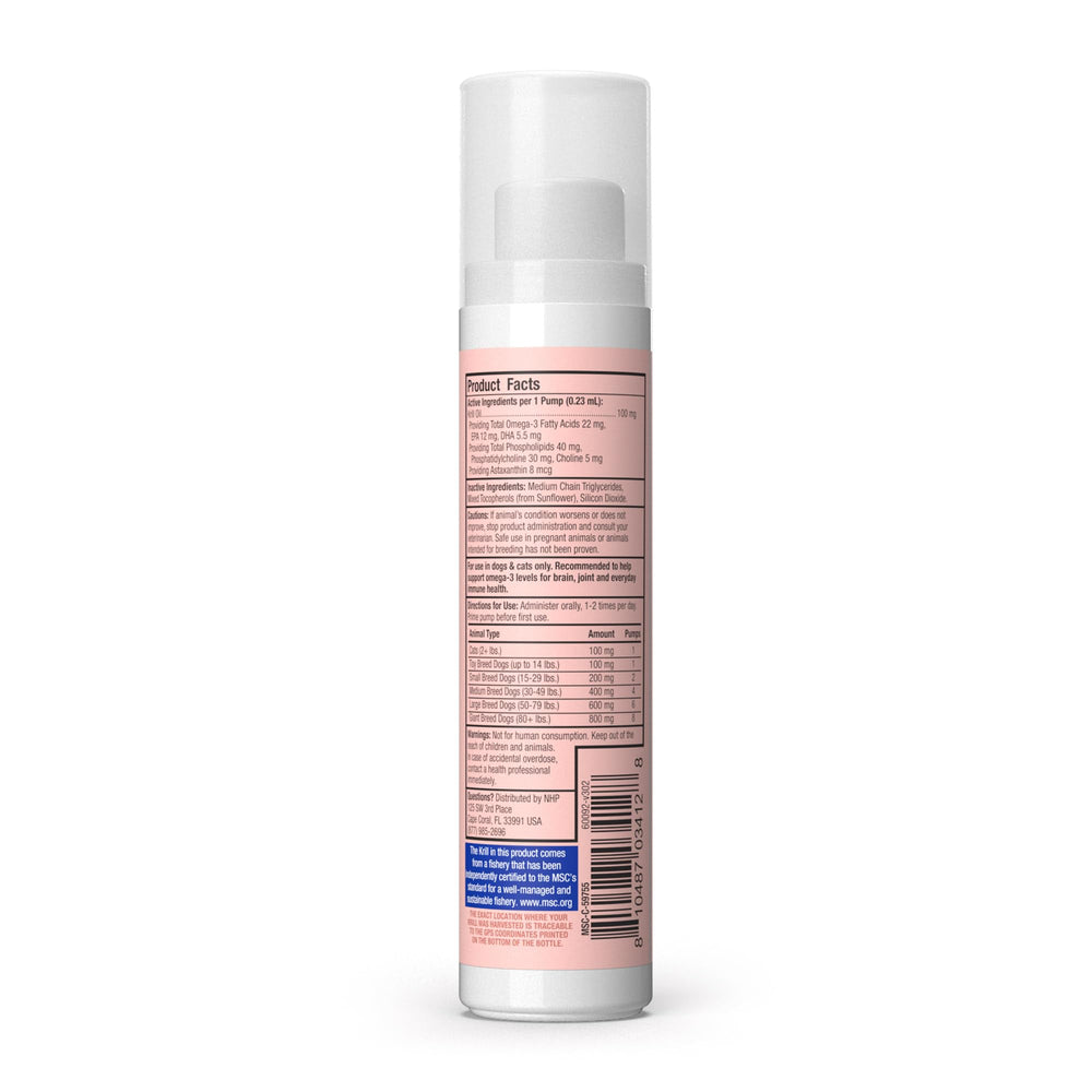Dr. Mercola Bark & Whiskers krill oil bottle on display for pet omega-3 support.
