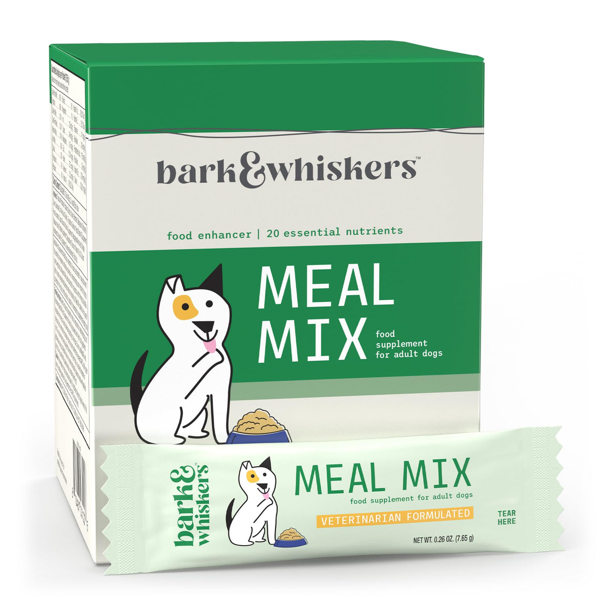Dr Mercola Bark and Whiskers Meal Mix bag label highlighting balanced meals.